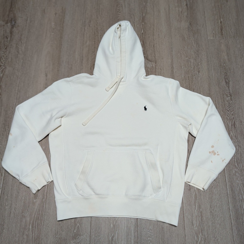 Vintage Polo Ralph Lauren Hoodie Mens‎ L White Distressed Pony Logo Pullover